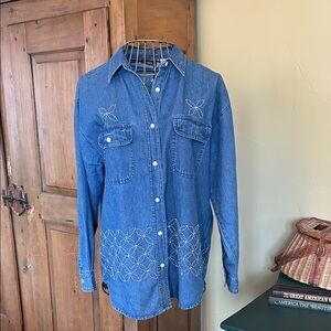 VINTAGE 90s American Rave Blue Denim Shirt with White Floral Accents